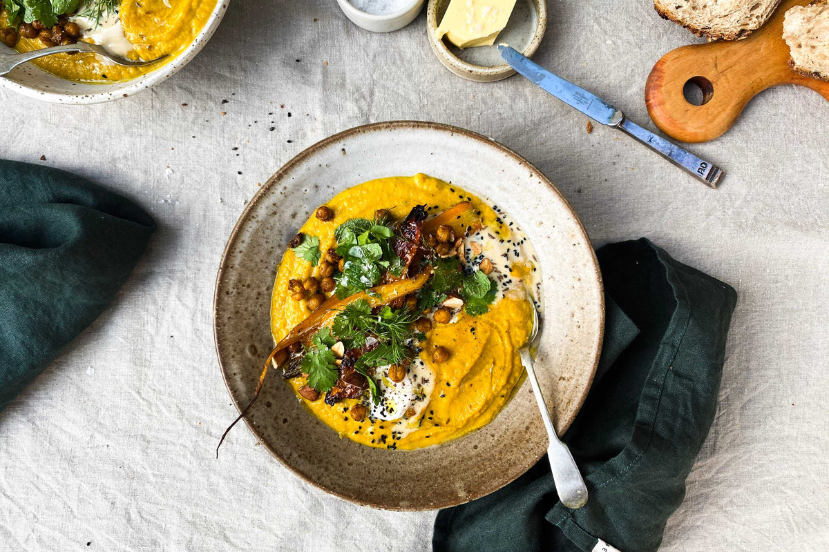 Roasted Carrot, Ginger and Turmeric Soup with Crispy Chickpeas