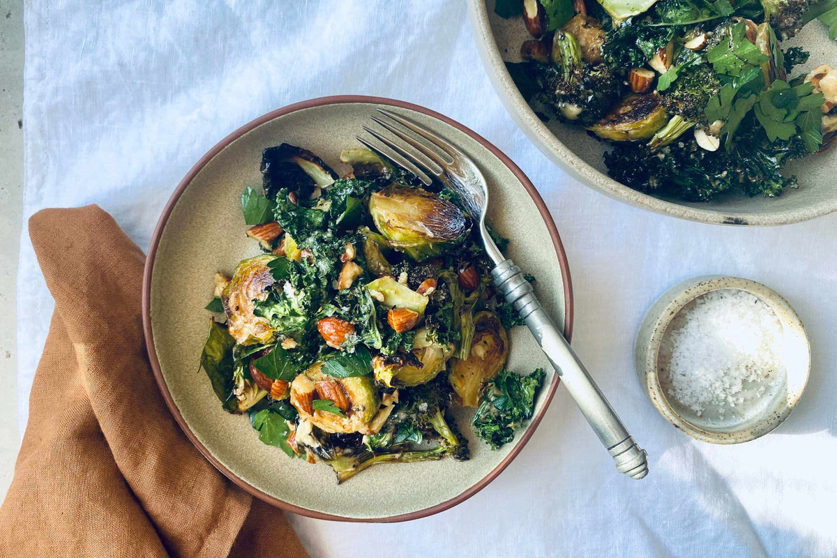 Roasted Brussels Sprout and Broccoli Warm Winter Salad