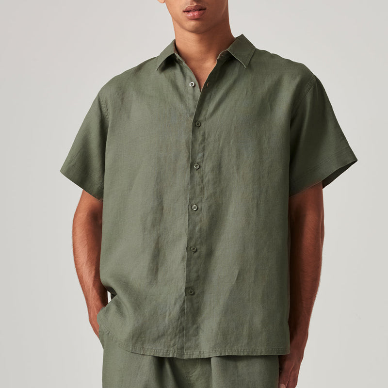 100% Linen Short Sleeve Sleepwear Set in Khaki - Mens
