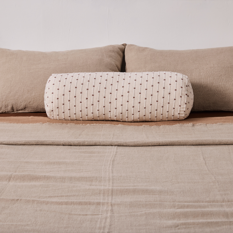 Organic Textured Cotton Bolster Cushion Cover in Off White with Umber