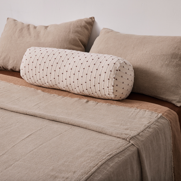 Organic Textured Cotton Bolster Cushion Cover in Off White with Umber