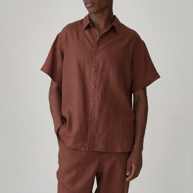 100% Linen Short Sleeve Shirt in Cocoa - Mens