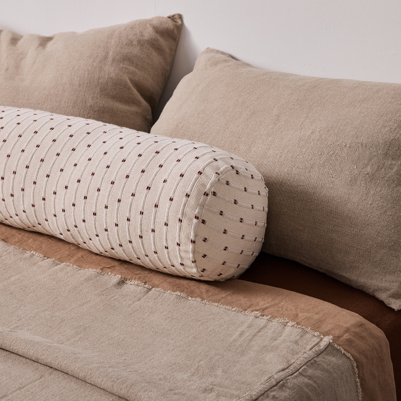 Organic Textured Cotton Bolster Cushion Cover in Off White with Umber