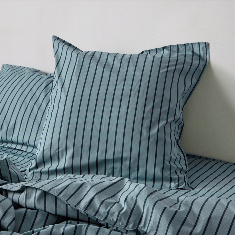 Organic Cotton 300TC Percale Pillowslip set (of two) in Mineral & Navy Stripe