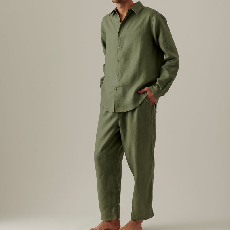 100% Linen Long Sleeve Sleepwear Set in Khaki - Mens