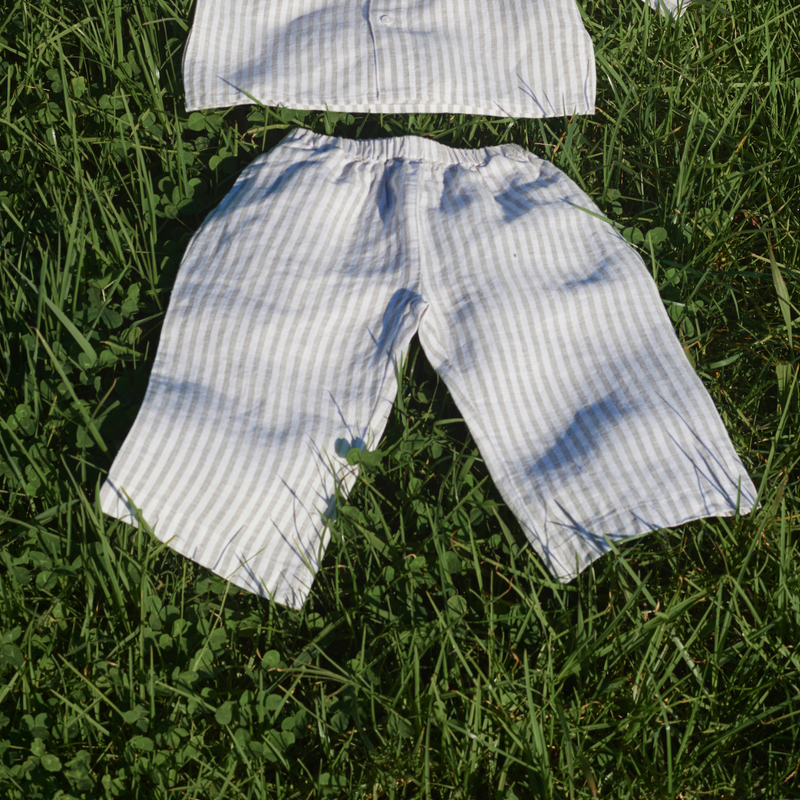 100% Linen Kids Pant in Grey & White Stripe