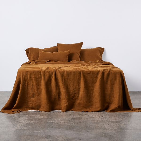 Heavy Linen Bed Cover in Caramel