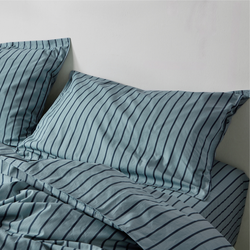 Organic Cotton 300TC Percale Pillowslip set (of two) in Mineral & Navy Stripe