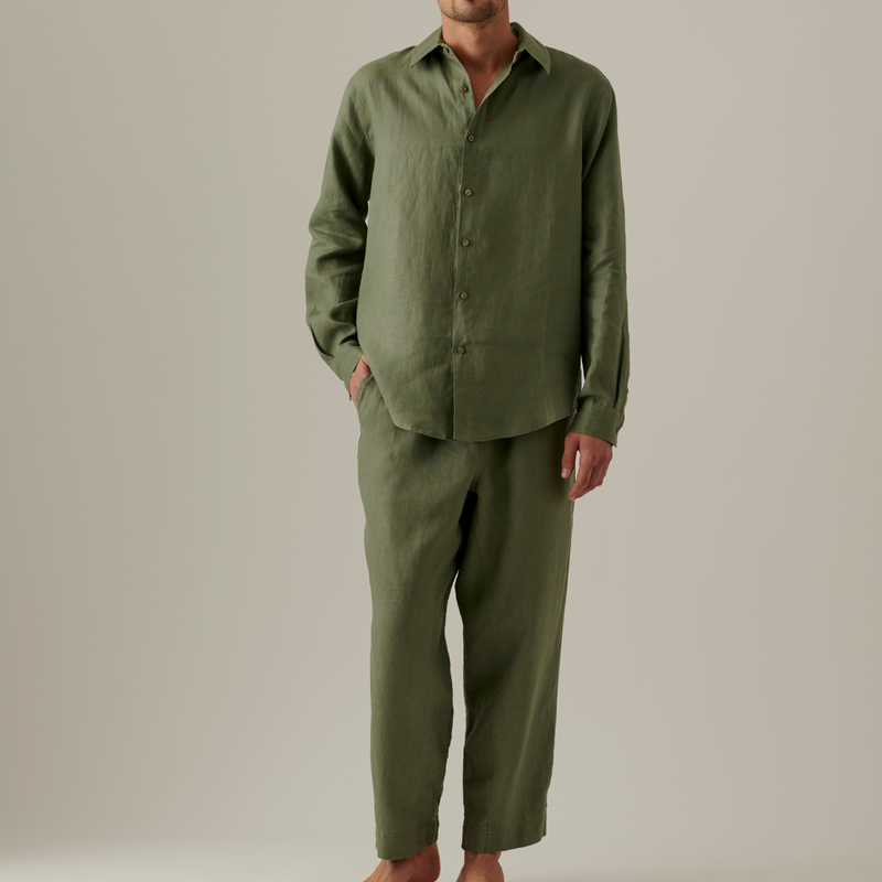 100% Linen Long Sleeve Sleepwear Set in Khaki - Mens