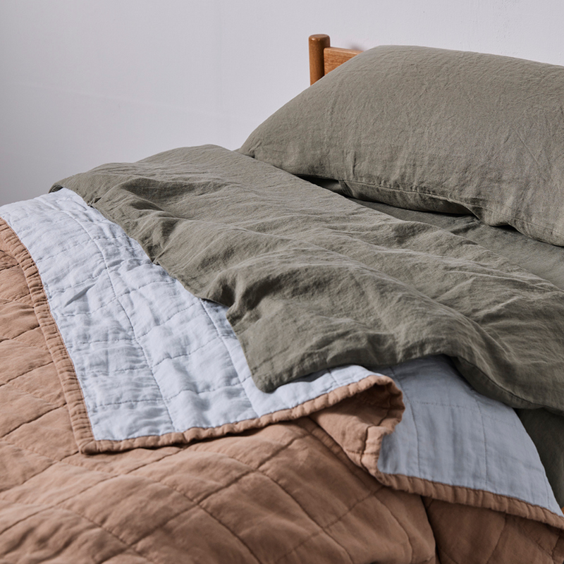100% Linen Two Tone Quilted Bed Cover in Chestnut & Mist