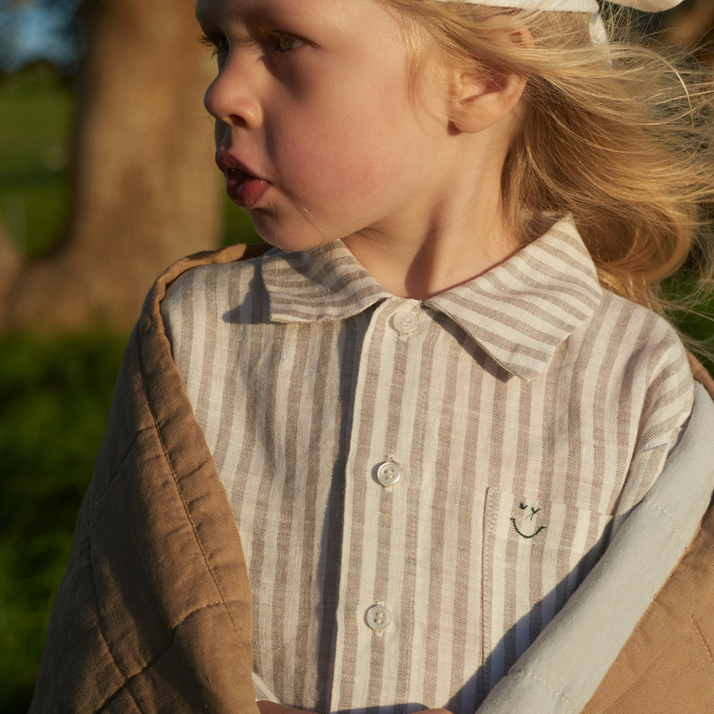 100% Linen Kids Shirt in Grey & White Stripe