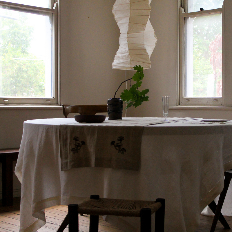 100% Linen Table Cloth with Hem Stitch & Embroidery Detail in Off White