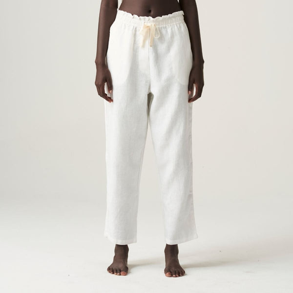 100% Linen Paper Bag Pants in White