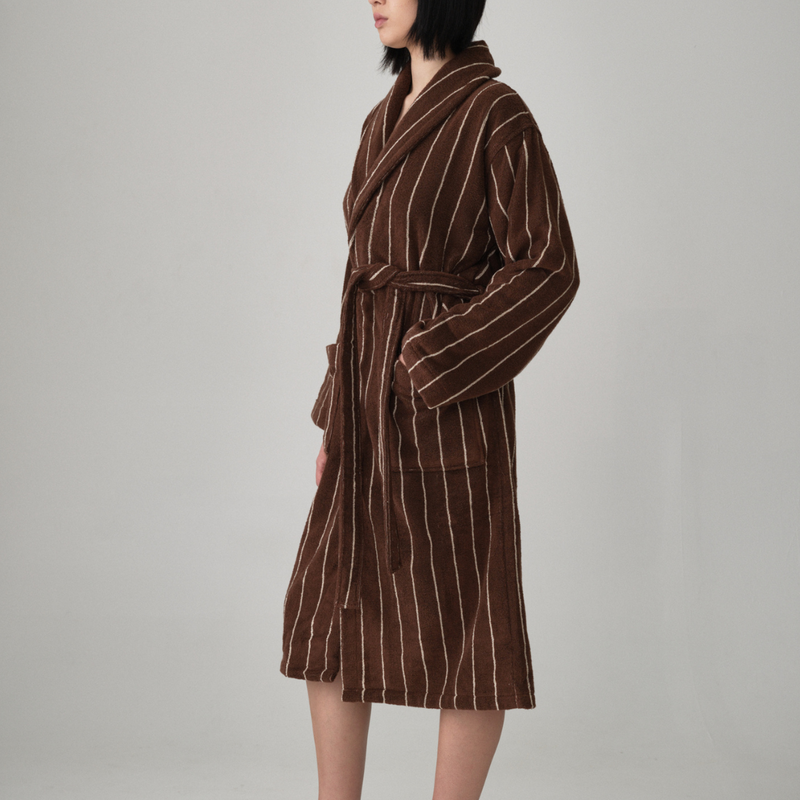 Organic Cotton Terry Bathrobe in Cocoa & Ivory Stripe