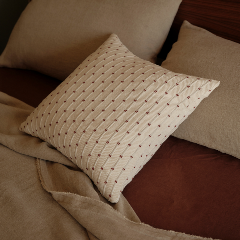 100% Organic Textured Cotton Square Cushion Cover in Off White with Umber