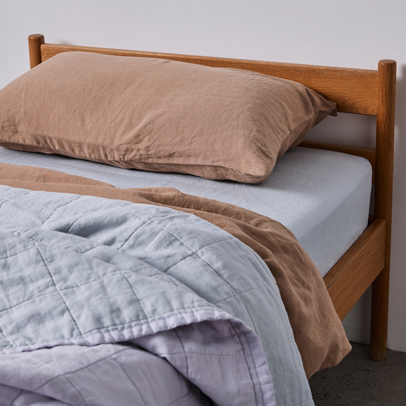 100% Linen Two Tone Quilted Bed Cover in Lilac & Mist