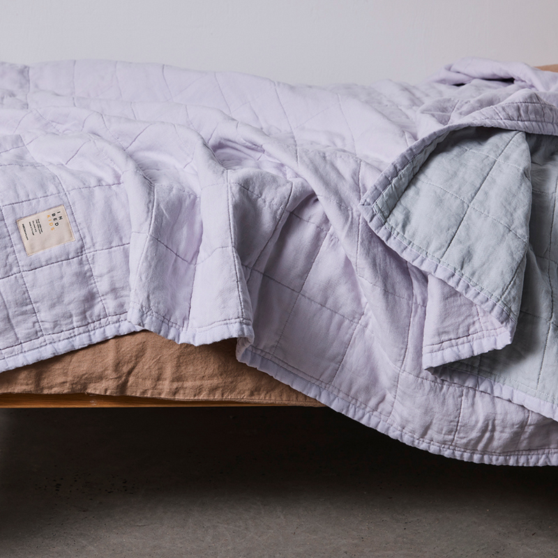 100% Linen Two Tone Quilted Bed Cover in Lilac & Mist