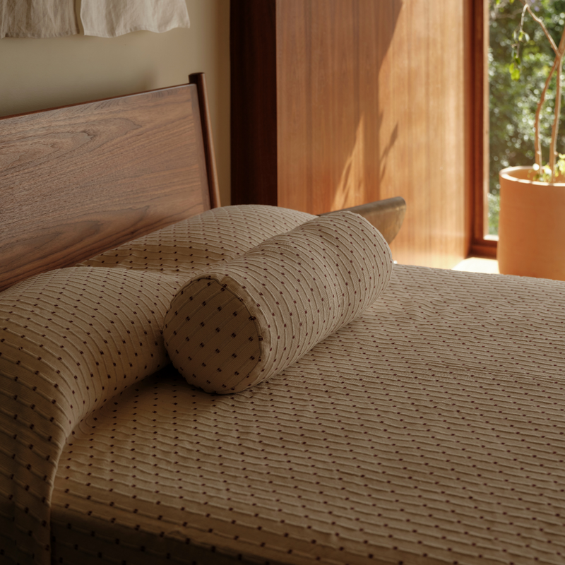 Organic Textured Cotton Bolster Cushion Cover in Off White with Umber