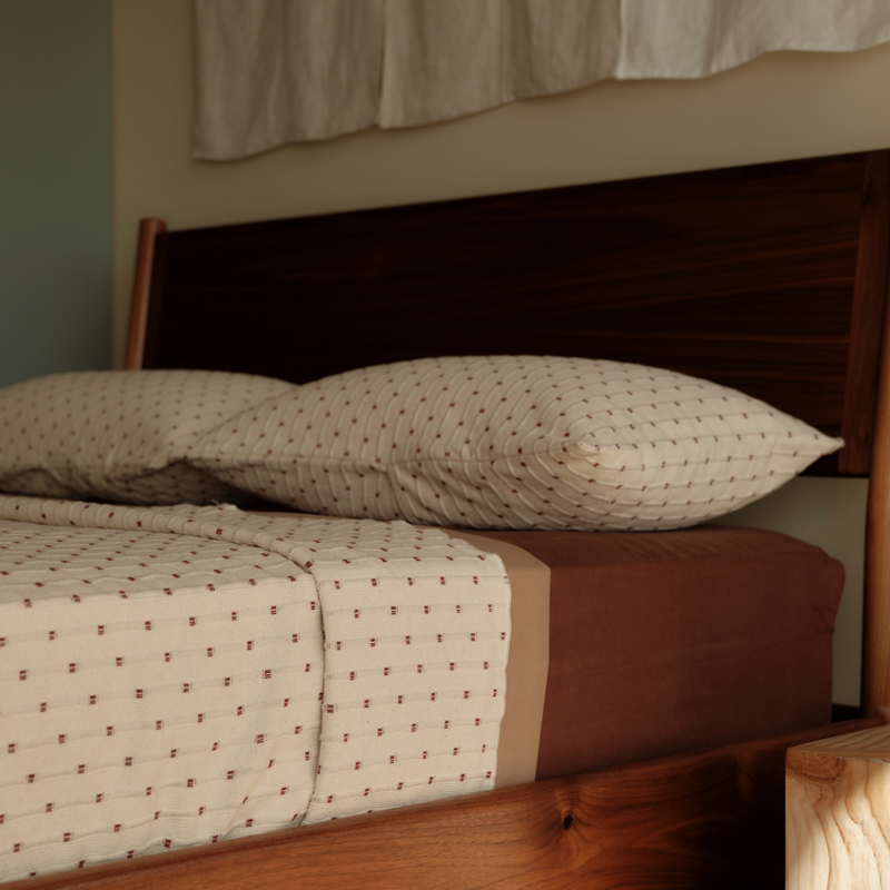 100% Organic Textured Cotton Standard Bed Cover in Off White with Umber