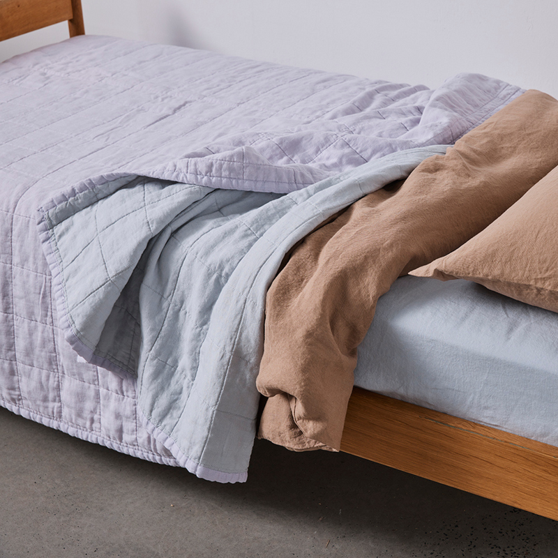 100% Linen Two Tone Quilted Bed Cover in Lilac & Mist