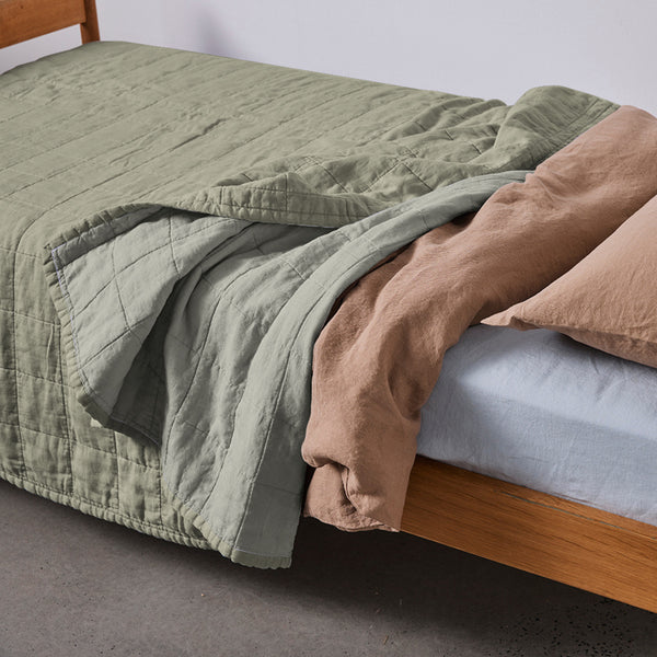 100% Linen Two Tone Quilted Bed Cover in Khaki & Stone