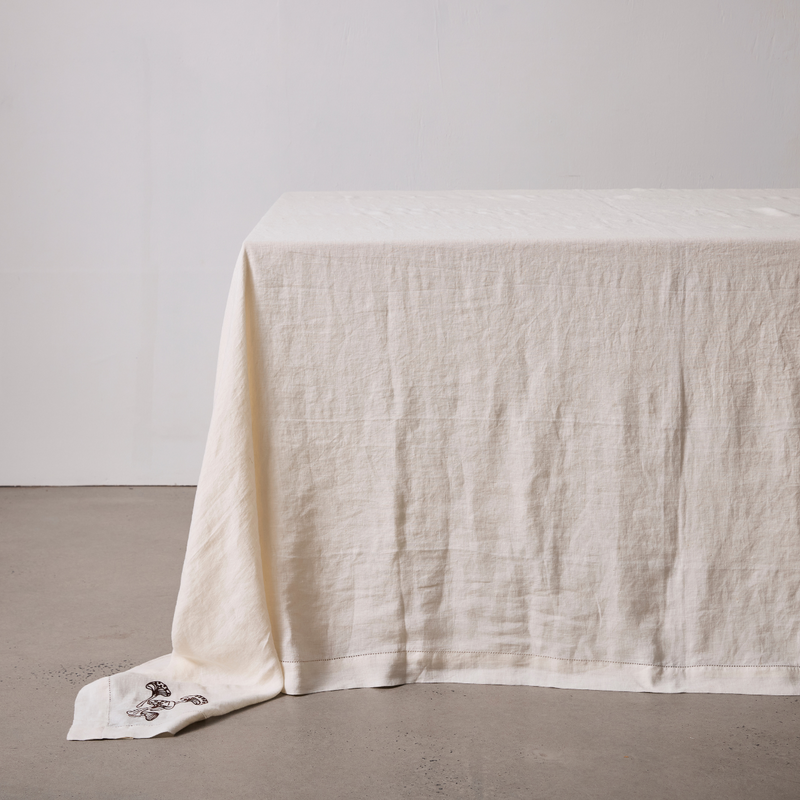 100% Linen Table Cloth with Hem Stitch & Embroidery Detail in Off White