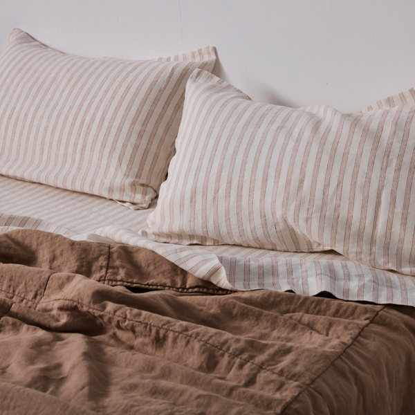100% Linen Pillowslip Set (of two) in Brown & Tan Stripe