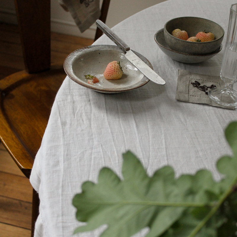 100% Linen Table Cloth with Hem Stitch & Embroidery Detail in Off White