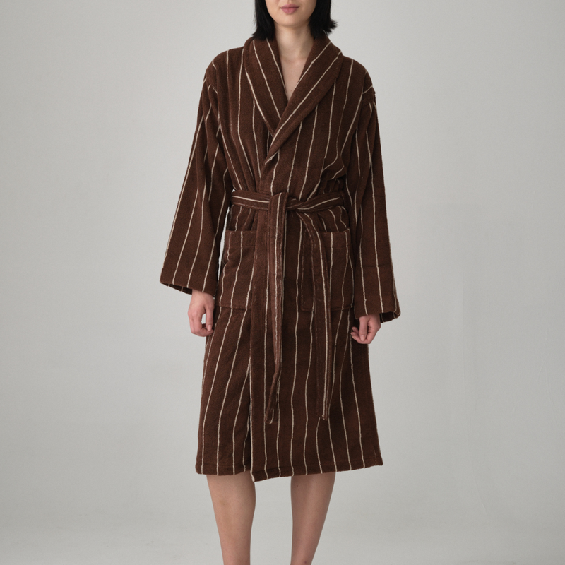 Organic Cotton Terry Bathrobe in Cocoa & Ivory Stripe