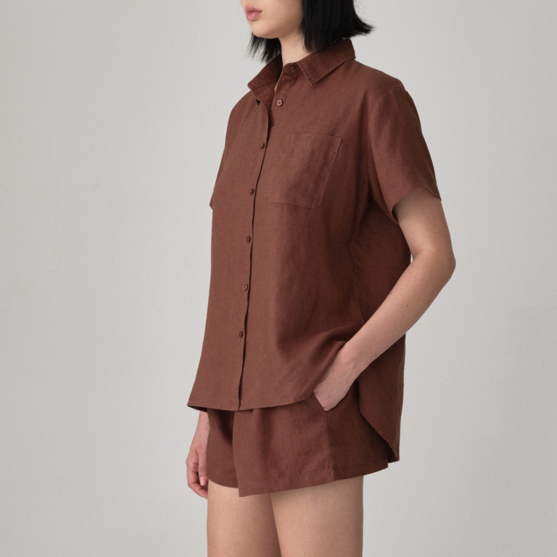 100% Linen Short Sleeve Shirt in Cocoa