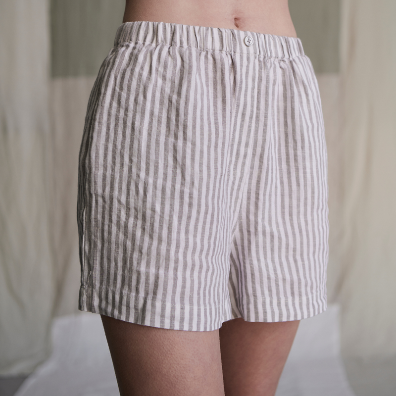 100% Linen Boxer Shorts in Grey & White Stripe