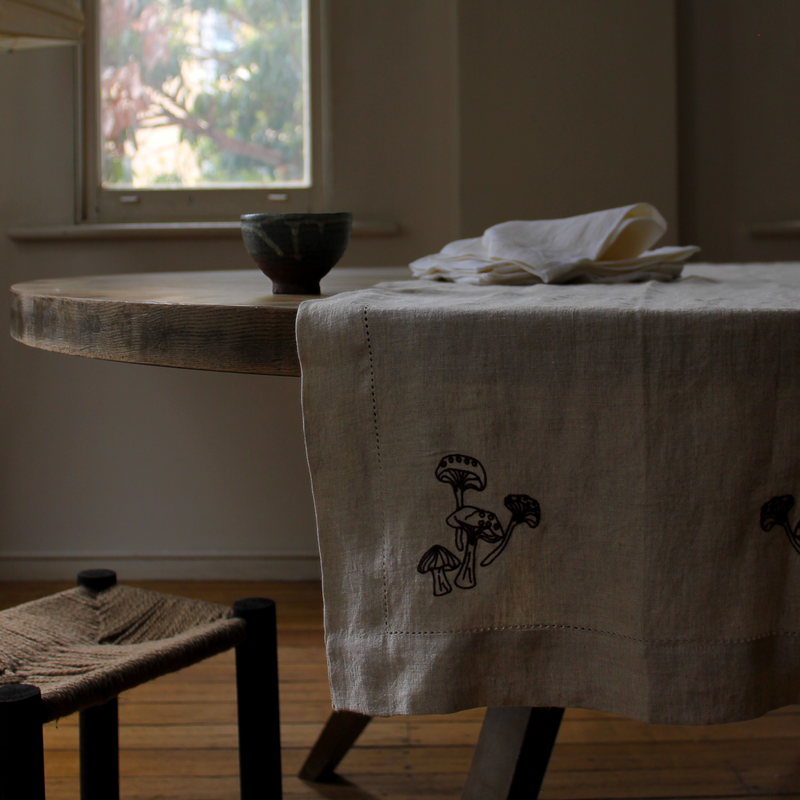 100% Linen Table Runner with Hem Stitch & Embroidery Detail in Off White