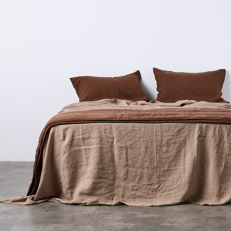 100% Linen Quilted Bed Cover in Cocoa