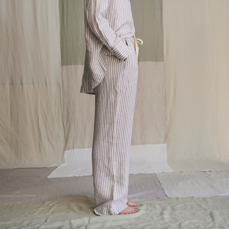 100% Linen Wide Leg Pants in Grey & White Stripe