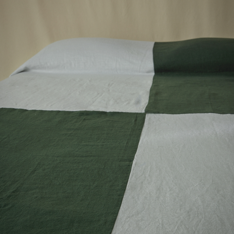 Atelier Reversible Patchwork Bedcover in Khaki & Stone + Pine & White