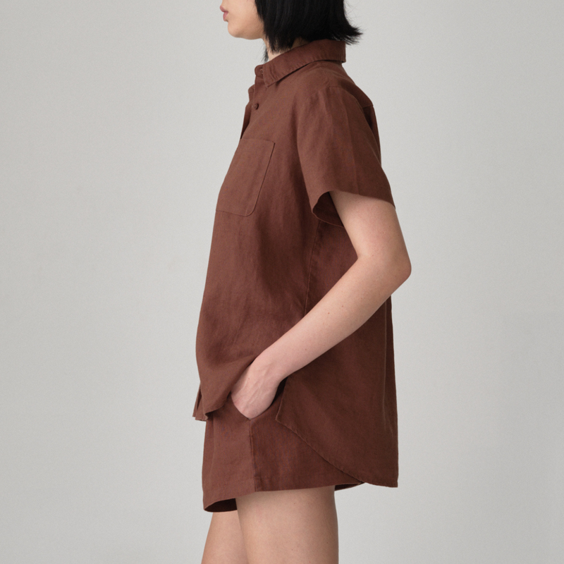 100% Linen Short Sleeve Shirt in Cocoa