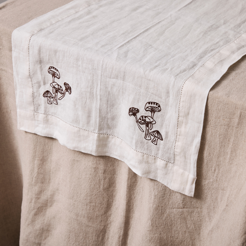 100% Linen Table Runner with Hem Stitch & Embroidery Detail in Off White