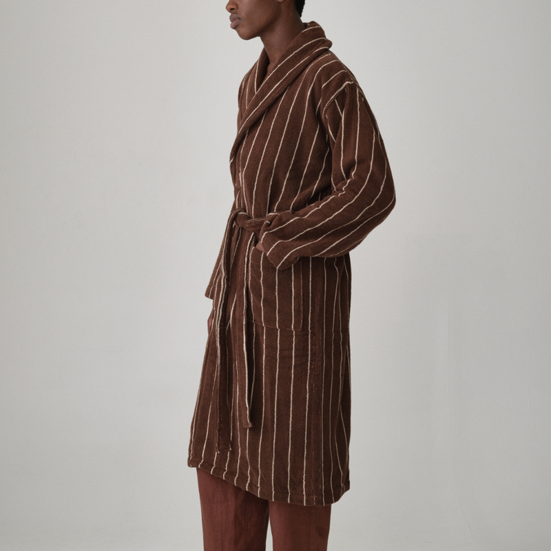 Organic Cotton Terry Bathrobe in Cocoa & Ivory Stripe