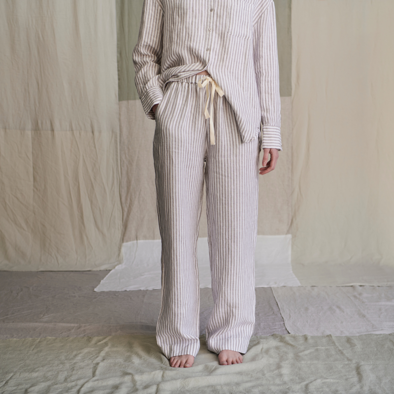 100% Linen Wide Leg Pants in Grey & White Stripe