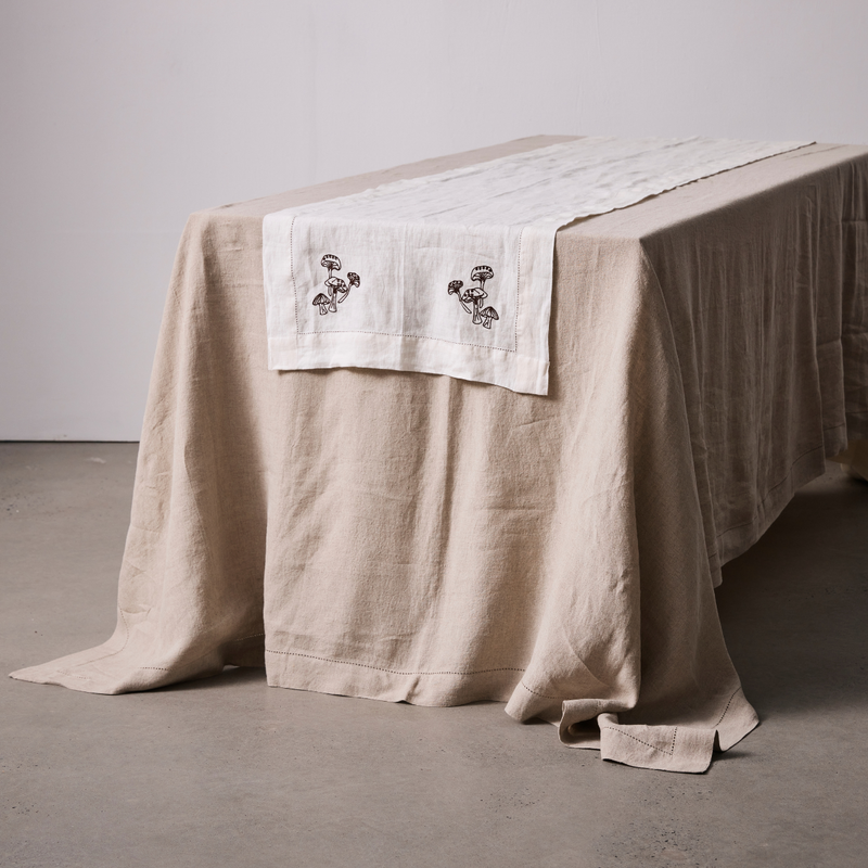 100% Linen Table Runner with Hem Stitch & Embroidery Detail in Off White