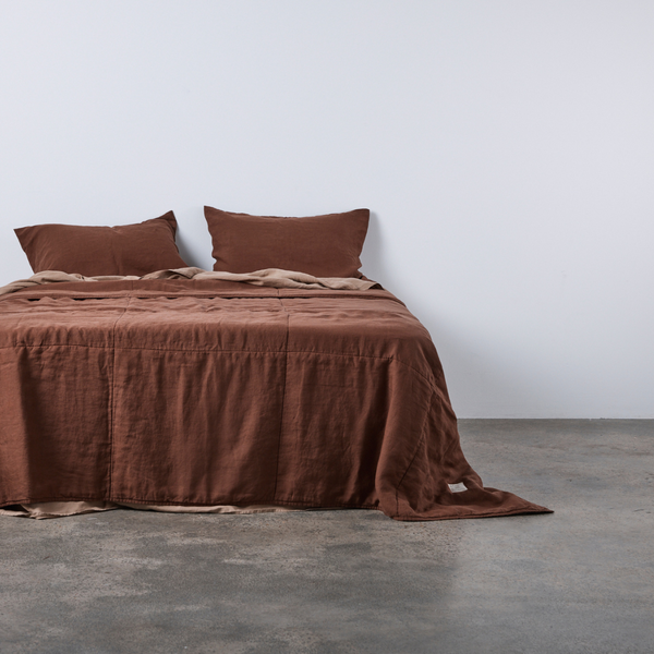 100% Linen Quilted Bed Cover in Cocoa