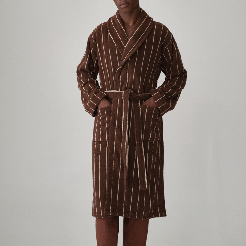 Organic Cotton Terry Bathrobe in Cocoa & Ivory Stripe