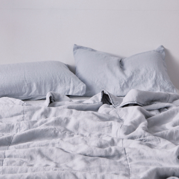 100% Linen Quilted Bed Cover in Mist