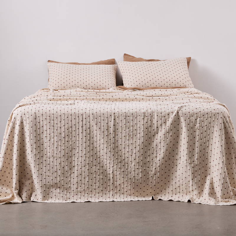 100% Organic Textured Cotton Standard Bed Cover in Off White with Umber