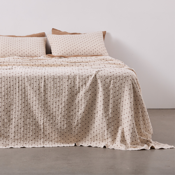 100% Organic Textured Cotton Standard Bed Cover in Off White with Umber