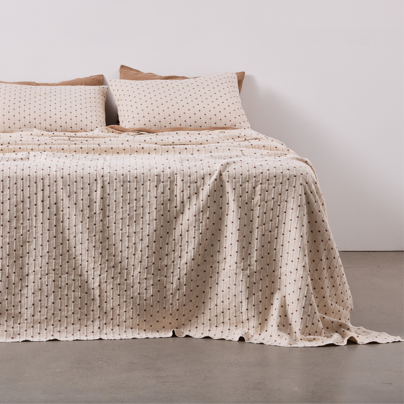 100% Organic Textured Cotton Standard Bed Cover in Off White with Umber