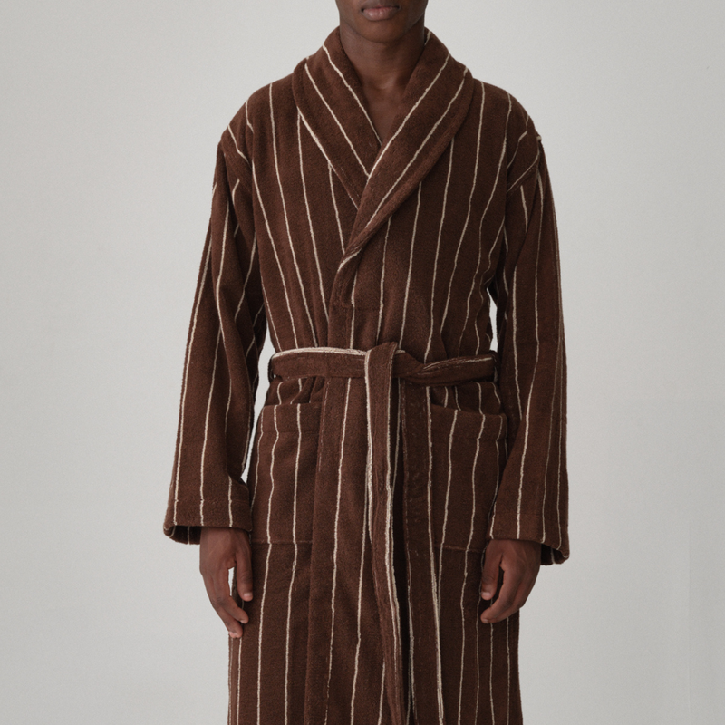 Organic Cotton Terry Bathrobe in Cocoa & Ivory Stripe