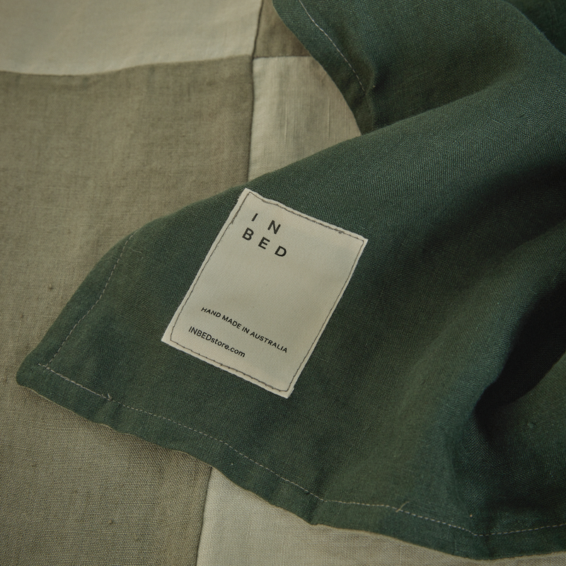 Atelier Reversible Patchwork Bedcover in Khaki & Stone + Pine & White