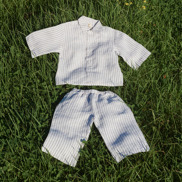 100% Linen Kids Sleepwear Set in Grey & White Stripe