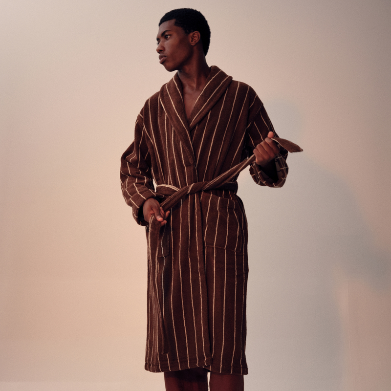 Organic Cotton Terry Bathrobe in Cocoa & Ivory Stripe